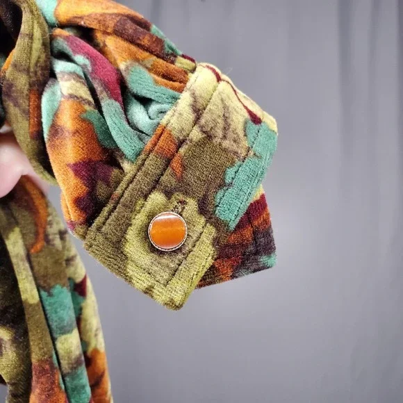 Vintage Floral Velvet Midi Dress 8 Long Sleeve Pleated Gold Buckle Lined70s - Picture 5 of 12